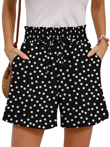 Moodclo Summer Casual Shorts with Pockets Black White Polkadots Small for Women High Waisted Wide Leg Womens Boho Shorts Drawstring Beach Vacation 2025 Clothes - Image 1