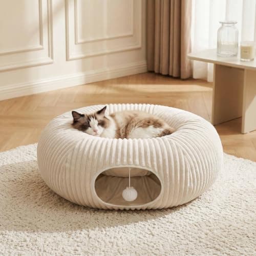 MOYMO Cat Tunnel Bed with 40 Pcs Interactive Cat Toys, Cat Tube with Kitten Toys for Indoor Kittens, Collapsible Play Tunnel, White - Thumbnail 6