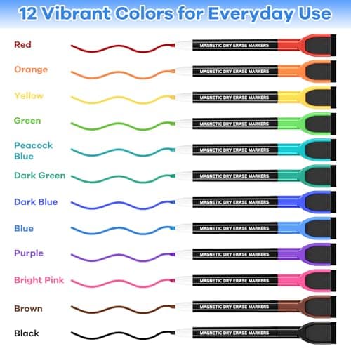 SUQJOY 36 Count Magnetic Dry Erase Markers, Fine Tip Whiteboard Markers with Eraser Caps, Low Odor, 12 Assorted Colors, for Fridge Calendar, Office and Home - Thumbnail 2