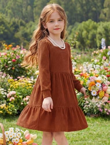 JiAmy Toddler Sweater Dress Girls Winter Square Neck Long Sleeve Tiered Ruffle Casual Dresses with Pocket Camel 4-5 Years - Thumbnail 4