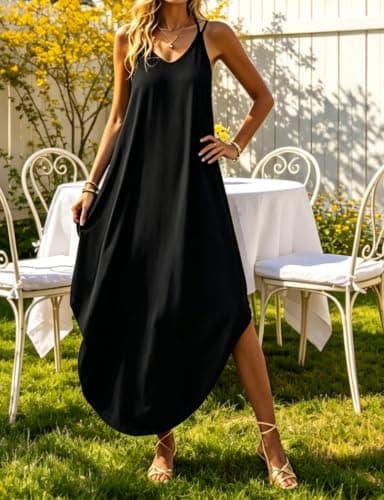 Ctsazhy Black Maxi Dresses for Women Casual Long Spaghetti Strap Sundress - Thumbnail 3