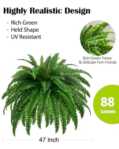 GYERB 48" Large Artificial Boston Fern Plants for Outdoor Indoor, Fake Ferns for Front Porch Hanging, Faux Greenery Bushes for Home Garden Office Decor, Silk Fern with Realistic Fronds, 88 Branches - Thumbnail 4