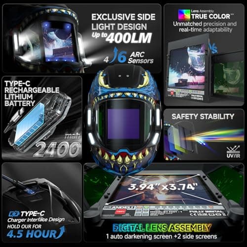 ANDELI Welding Helmet with 4 LED Light, 180° Panoramic 6 Arc Sensor True Color Auto Darkening Welding Hood with Internal Display, 2400mAh Rechargeable Battery for TIG/MIG/Cut/Grind MONERDB-LED-PRO - Thumbnail 2