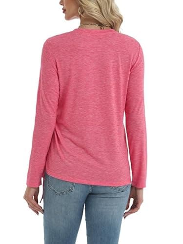 AIZHINENG Womens Long Sleeve Shirts Crewneck Tops Casual Fall Spring Trendy T-Shirts Outfits Clothes 2025 Rose Red - Thumbnail 5