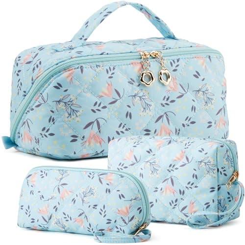 YTL Travel Makeup Bag, Puffer Cosmetic Bag for Women, Waterproof Puffy Padded Make Up Bags, Flat Open Portable Organizer Case Toiletry Bag Pouch Purse for Skincare, Brushes & Travel Essentials - Image 1