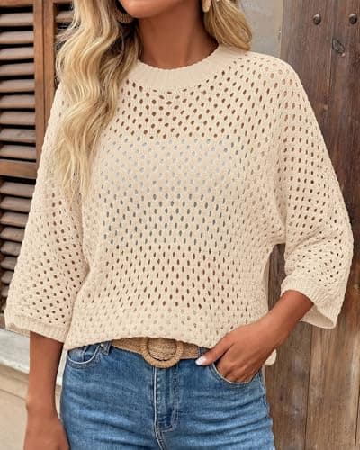 KIRUNDO Crochet Tops for Women Summer Batwing Sleeve Beach Sweater Lightweight Knit Cover Up Shirts Cruise Vacation Outfits(Beige, XX-Large) - Thumbnail 4
