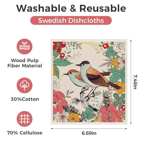 wlich 10PCS Swedish Dishcloths for Kitchen, Reusable Dish Rags for Washing Dishes with Clips, Non-Scratch Kitchen Towels and Dishcloths Sets, Washable Swedish Dish Cloths, No Odor(Birds Flowers) - Thumbnail 2