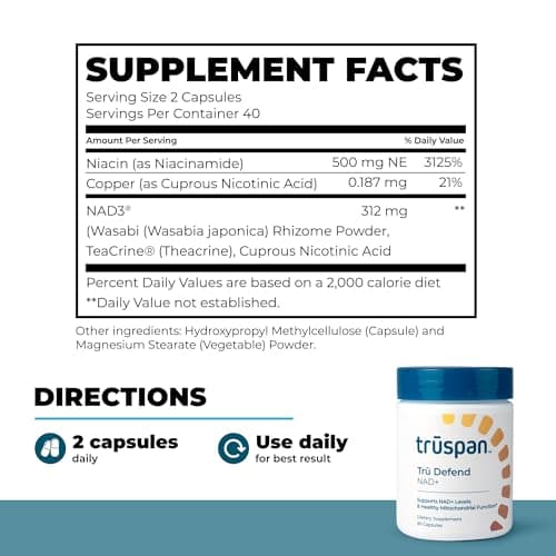 TruSpan Tru Defend NAD+ Capsules, Cellular Energy and Metabolic Support, 500MG of Niacinamide Per Serving, 40 Servings, 80 Capsules - Thumbnail 3