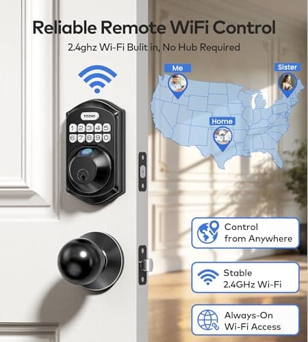 TEEHO TE012W-K WiFi Smart Keyless Entry Door Lock with Handle, Fingerprint Door Knob & Digital Keypad, APP Remote Control, Works with Alexa & Google, Electronic Deadbolt for Front Door, Matte Black - Thumbnail 2