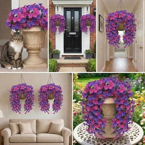 Artificial Flowers for Outdoors Fake Fuchsia Purple Morning Glory Hanging Flower Decoration, 2Pcs Realistic Faux Plants Petunias Long Trailing Vines,Spring Decor for Porch Patio Balcony Planter Yard - Thumbnail 6