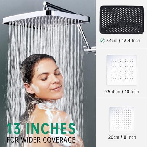 V-Frankness Shower Heads with Handheld Spray Combo, 13 Inches Rain Shower Head with 4 Mode Handheld Wand, and 13 Inches Adjustable Extension Arm, 3 Way Diverter Valve, Extra Long Hose (Chrome) - Thumbnail 2