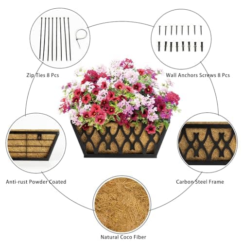 Karlliu 4 Pack 16 Inch Window Boxes Planters Railing Planter Box with Coco Liners Deck Railing Planter Boxes Balcony Hanging Flower Box for Outdoor Plants Garden Decor - Thumbnail 2