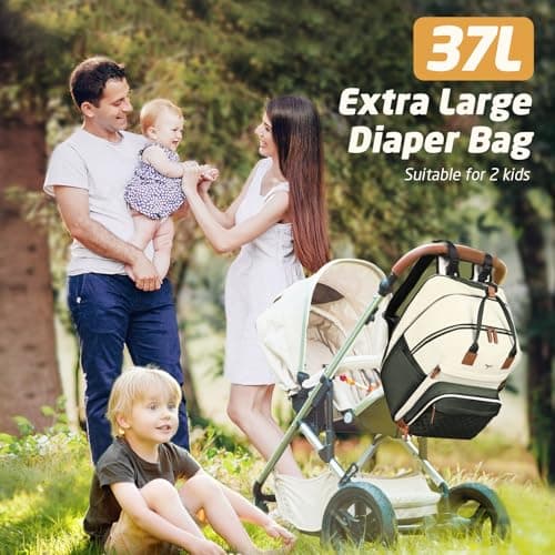 Tonyeee Diaper Bag Backpack - Extra Large Diaper Bag for 2 Kids Twin, Travel Baby Bags for Mom Dad 25-37L Expandable with Changing Pad Earphone Hole, Apricot Green - Thumbnail 3