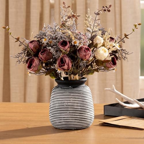 Ceramic Rustic Vase, Small Flower Farmhouse Vases Home Decor, 6“ Short Pottery Decorative Pampas Vase for Table Living Room Entryway Mantel Bookshelf Bedroom Bathroom Kitchen-Black - Thumbnail 6