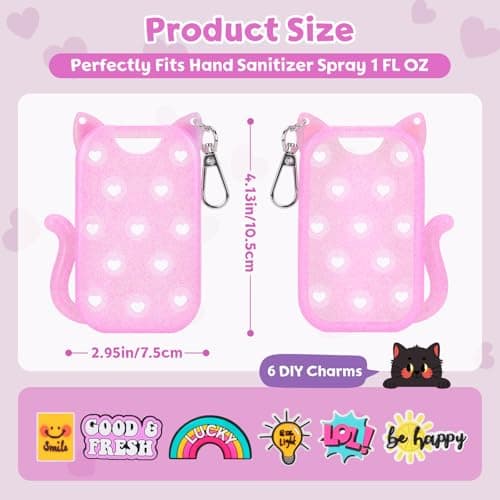 FunisFun Glitter Silicone Holder Case Compatible with Hand Sanitizer Spray 1 Fl. OZ., Adorable Cat-Shaped Keychain with 6 Charms (Pink) - Thumbnail 2
