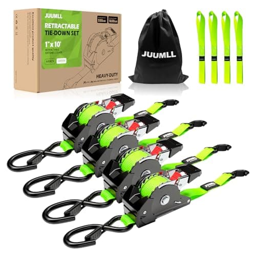 JUUMLL Retractable Ratchet Straps (4-Pack), 1” x 10ft Auto Retracting Tie Down Straps with 1,650lb Break Strength for Motorcycle, Kayak, ATV, Truck Bed & Outdoor Transport (Green)