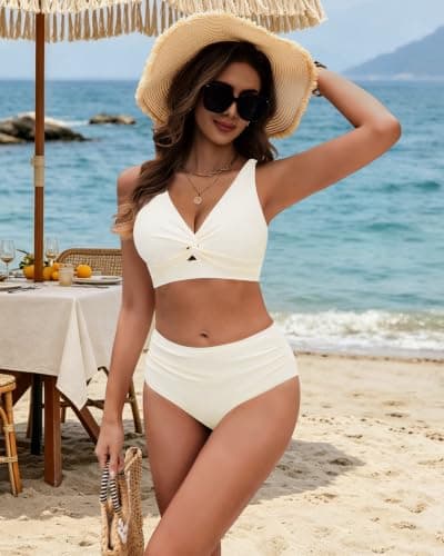 HORISUN Women's High Waisted Bikini Set Twist Front Two Piece Swimsuit with Adjustable Straps & Tummy Control Bathing Suit Beige XL - Thumbnail 2