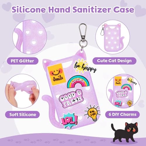 FunisFun Glitter Silicone Holder Case Compatible with Hand Sanitizer Spray 1 Fl. OZ., Adorable Cat-Shaped Keychain with 6 Charms (Purple) - Thumbnail 3