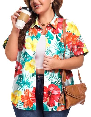 Plus Size Women Hawaiian Shirt Soft Cool Summer Hawaii Shirts Floral Tropic Print V Neck Button Down Shirts Beach Tops White Red - Image 1