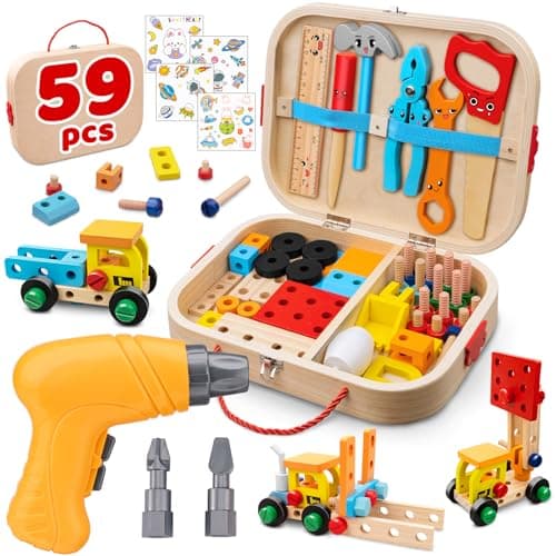 59Pcs Kids Tool Set Toy for Boys - Montessori STEM Wooden Play Tool Box Kit with Electric Drill with 2 Types Bits - Educational Christmas Birthday Gifts for Boys Toddlers Kids Age 3 4 5 6 Years Old - Image 1