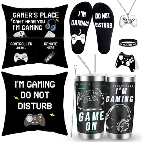 GOAUS Valentines Day Gamer Gifts Set, Gaming Socks, 20 oz Tumbler, Pillow Cover 18x18 inch, Necklace, Bracelet, Gift Card for Teen Boys Men Teenagers Him - Image 1