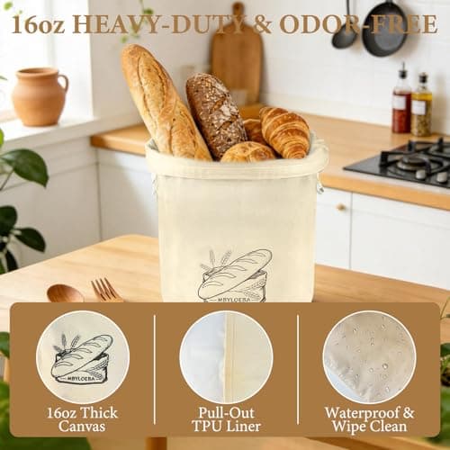 Sourdough Bread Bags for Homemade Bread, 16oz Heavy Canvas Stand-Up Artisan Loaf Keeper, Hard Bottom Bread Box Alternative with Odor-Free TPU Lining, Farmhouse Beige - Thumbnail 4