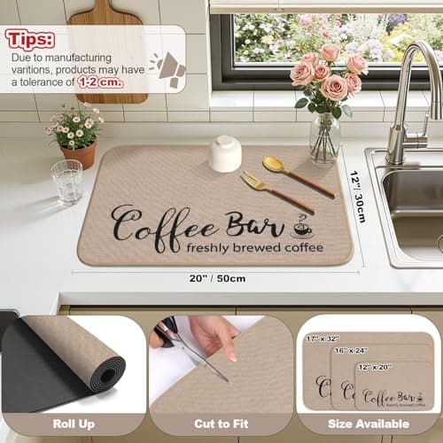 Findosom Dish Drying Mat, 12"x 20" Super Absorbent & Hide Stain Coffee Mat, Cuttable Drying Mat for Kitchen Counter, Coffee Bar Accessories, Under Dish Rack, Coffee Maker, Espresso Machine, Linen - Thumbnail 2