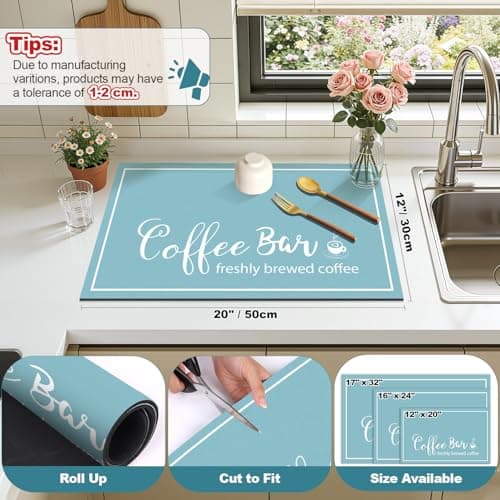 Findosom Dish Drying Mat, 12"x 20" Super Absorbent & Hide Stain Coffee Mat, Cuttable Drying Mat for Kitchen Counter, Coffee Bar Accessories, Under Dish Rack, Coffee Maker, Espresso Machine, Blue - Thumbnail 2