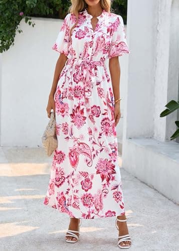 KIRUNDO Women Spring Summer Wedding Guest Boho Floral Maxi Dress Puff Sleeve Button Shirt V Neck Flowy Beach Vacation Dress(Floral White Rose Red, Medium) - Thumbnail 4