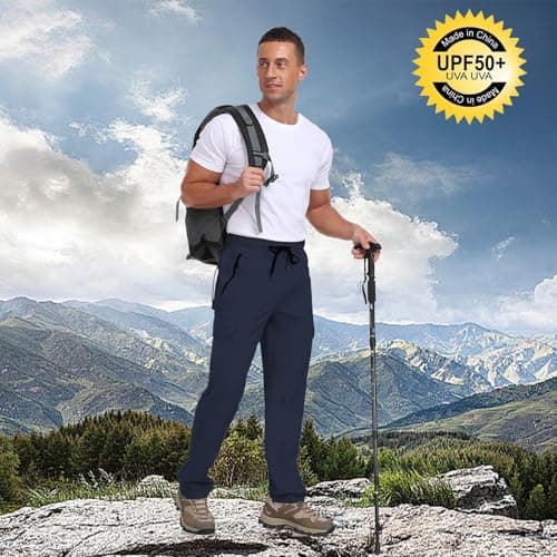 AGVNG Hiking Pants Men Water Resistant Quick Dry Cargo Pants with 4 Pockets Elastic Waist Drawstring UPF 50+ Lightweight Work Travel Outdoor Casual Navy Blue L - Thumbnail 3