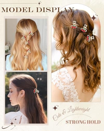 6PCS Rhinestones Cherry Small Hair Clips-Mini Claw Clips for Women, Metal Springs, Cute Hair Accessories for Updo and Half Up Styles (Oval Cherry) - Thumbnail 5