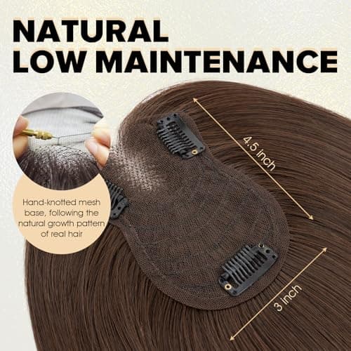 TESS Hair Toppers for Women Hair Pieces for Women with Thinning Hair Clip in Handmade Lace Base 3 Clips, 3.2 × 4.5 Inch, 12 Inch, Dark Brown - Thumbnail 4