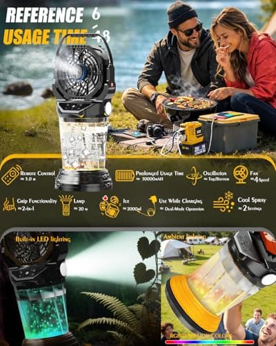 2026 New Portable Misting Fan with 30000mAh Rechargeable Battery, 120° Auto Oscillating Battery Powered Fan, 4 Speeds Spray Fan with LED ambient light for Camping, Patio, Outdoor, Travel (Black) - Thumbnail 2