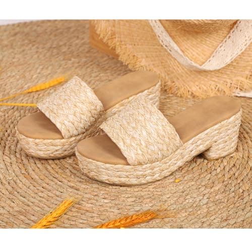 North Oak Women's Wedge Slides Sandals Espadrilles Platform Apricot Sandals Open Toe Fashion Summer Outdoor Beach Sandals Size 7 - Thumbnail 4