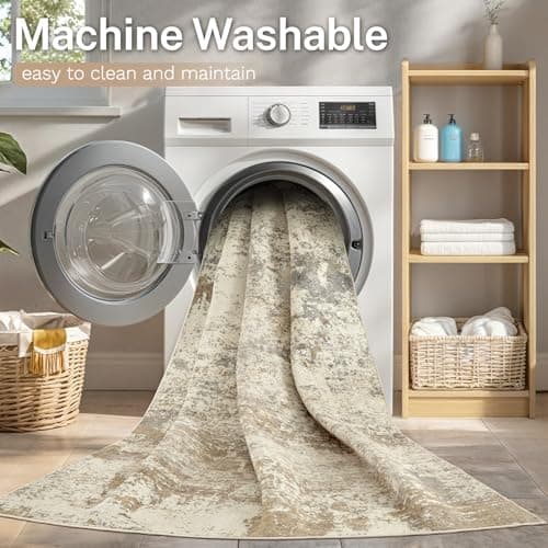 Micgeek Area Rug Living Room - 5X8 Abstract Washable Large Soft Foldable Non Slip Rug Neutral Modern Low Pile Carpet for Bedroom Nursery Dining Room Kitchen Home Office Indoor - Khaki - Thumbnail 4