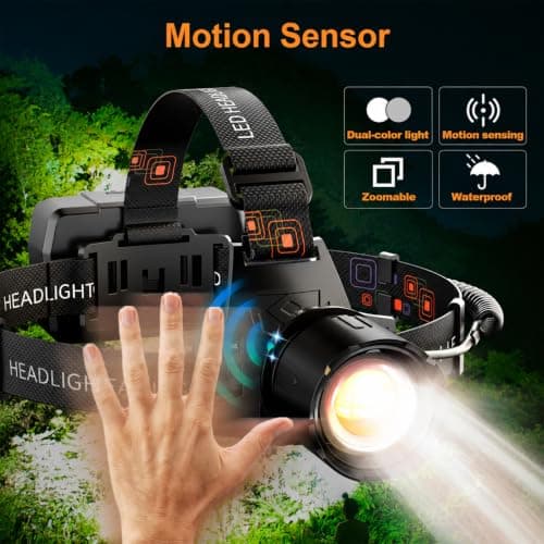 SKYFIRE Rechargeable Headlamp 3000 Lumens, LED Brightest Headlamps for Adults with 7500mAh Battery, Motion Sensor Waterproof Headlamp for Camping Hiking Hunting - Dual Light Sources Warm & White Light - Thumbnail 2