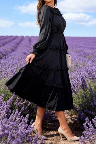Ystguic Women's Bohemian Long Sleeve Elastic Waist Tiered Ruffled V Neck Aline Dresses with Pockets 2025 Fall Rayon Viscose Dress for Seniors for Vocation Formal Large Black L 045 - Thumbnail 4