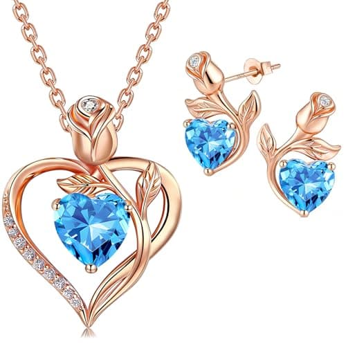 JACUPO Rose Heart Necklace Earrings Set March Light Blue Birthstone Lab-Grown Sapphire S925 Silver 18K Rose Gold Plated Engraved I LOVE YOU Gift For Mom Girlfriend Wife Mothers Day Engagement Confession Gift - Image 1