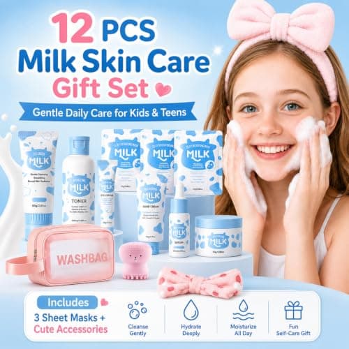 Milk Skincare Set for Kids & Teens, 12 IN 1 Moisturizing & Gentle Milk Skin Care Set For Kids Girl Ages 8-12, Face Care Kit, Skincare For Girls 10-12, All Skin Types - Thumbnail 2