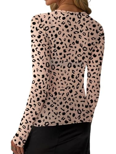 GKBK Womens Mesh Long Sleeve Tops Crew Neck Sexy See Through Tee Dressy Casual Shirts Party Club Night Lace Blouse Western Wear Outfit Clothes Going Out Clothing Leopard Print M - Thumbnail 3