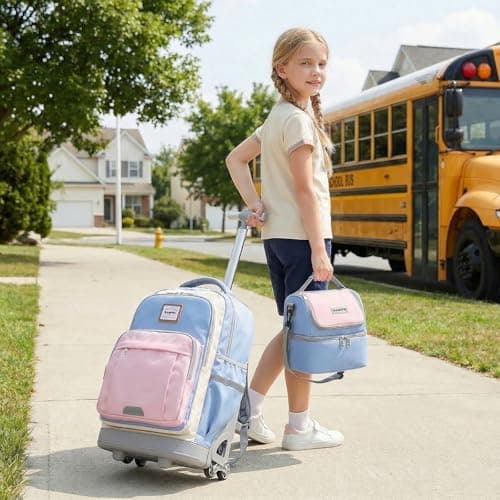 BAMIFEI 18 Inch Blue Pink Rolling Backpack for Girls, Climb Stairs Kids Rolling Backpack Carry On Wheeled School Backpack, Spacious Multiple Compartments Quiet Wheels Travel Backpack for Kids - Thumbnail 6