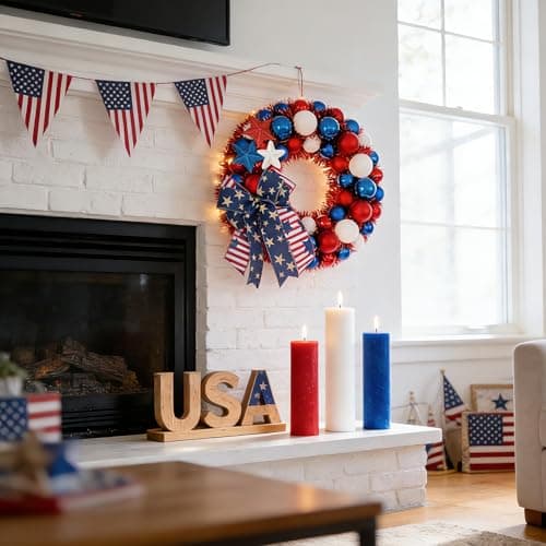 HipTree 13 Inch Patriotic Ball Wreath for Front Door with Lights, 4th of July Wreath with Red White Blue Stars & Ribbon for Memorial Day, Independence Day,Veterans Day, Flag Day,Summer Decorations - Thumbnail 6