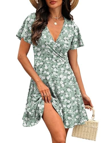 Spring Dresses for Women 2026 Casual Wrap V Neck Lightweight Vacation Summer Dress Beach Green Sundresses Floral M - Thumbnail 2