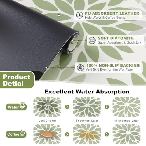 Findosom Floral Dish Drying Mat, 12" x 20" Super Absorbent & Hide Stain Coffee Mat, Cuttable Drying Mat for Kitchen Counter, Under Dish Rack, Coffee Maker, Espresso Machine, Sage Green - Thumbnail 3