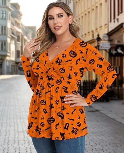 TIANZHU Women's Plus Size Tops Long Sleeve Babydoll Blouse Empire Waist Going Out & Casual, Halloween Orange, 2XL - Thumbnail 2