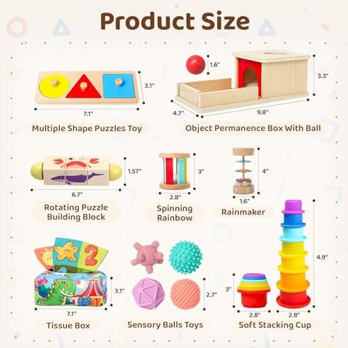 Montessori Toys for Babies 6-12 Months,1 Year Old,8 in 1 Baby Sensory Toy for 12-18 Months Toddler,Wooden Educational Development Toys with Soft Stacking Cup&Sensory Ball&Tissue Box - Thumbnail 4