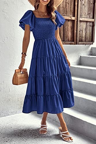 PRETTYGARDEN Women's Casual Summer Midi Dress Puffy Short Sleeve Square Neck Smocked Tiered Ruffle Dresses (Blue,X-Large) - Thumbnail 6