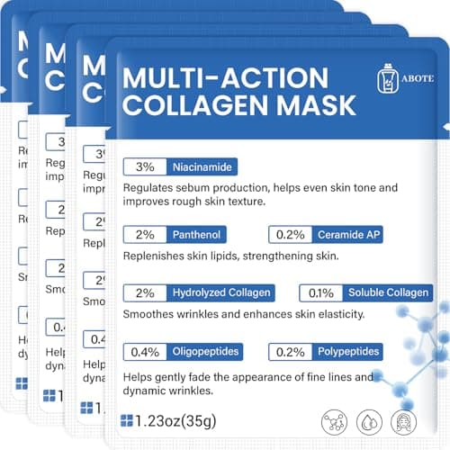 ABOTE Collagen Facial Sheet Mask - Overnight Jelly Gel Transforming from White to Transparent for Glass Glow Skin, Boost Elasticity, Even Skin Tone & Hydrate, 1.23oz (35g) x 4 Pack