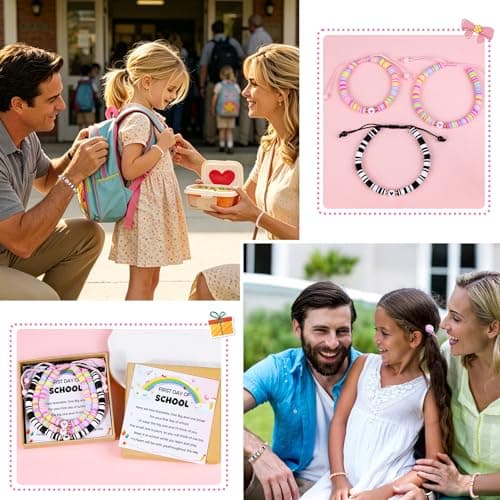 First Day of School Mommy and Me Matching Bracelets Kindergarten Pre-K Back to School Clay Bead Jewelry for Mother, Daughter, Dad, Son Adjustable Heart Bracelets Gift (Pink-First Day of Kindergarten) - Thumbnail 3