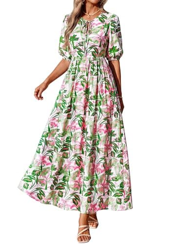 KIRUNDO Summer Dresses for Women 2026 Spring Wedding Guest Boho Floral 3/4 Sleeve Beach Vacation Cruise Flowy Maxi Dress(Green, Small) - Thumbnail 3